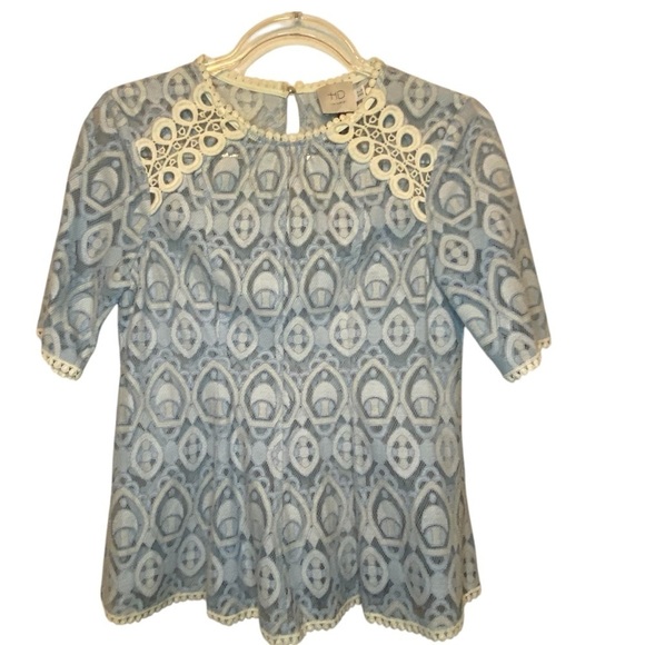 HD in Paris Tops - HD in Paris Anthropologie Paris Blue Cream French Lace Peplum Blouse SZ 0